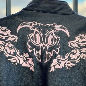 STUNNING Leather Western Biker Moto Jacket Black /Pink Steer Floral NEW XL Gun